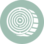 Icon eines seitlichen Querschnitts von einem Baumstamm, in weiß auf grünem Grund