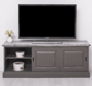 TV-Lowboard mit Schiebetüren im Landhausstil - Eichenplatte