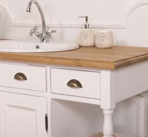 Landhaus Waschtisch weiß Shabby mit Eichenplatte