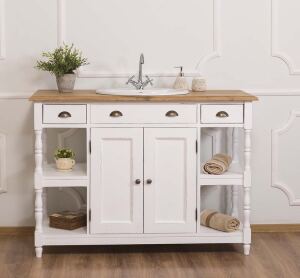 Landhaus Waschtisch weiß Shabby mit Eichenplatte