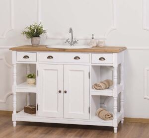 Landhaus Waschtisch weiß Shabby mit Eichenplatte