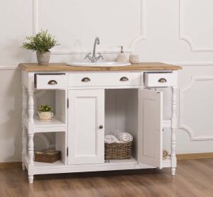 Landhaus Waschtisch weiß Shabby mit Eichenplatte