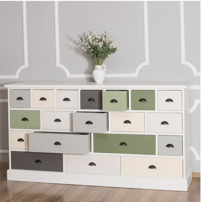 Bunte Apothekerkommode mit grünen Schubladen - Onlineshop für massive Landhausmöbel