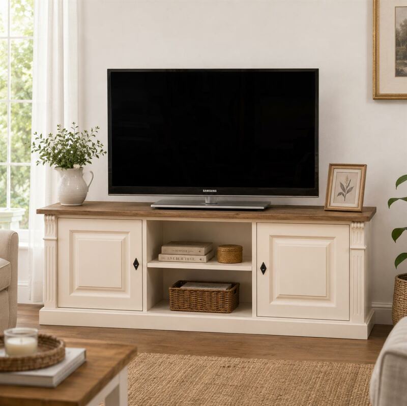 TV-Lowboard im Landhausstil Shabby Chic, eierschale-braun