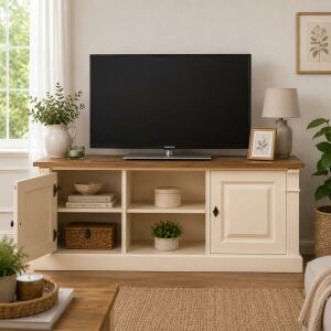 TV-Lowboard im Landhausstil Shabby Chic, eierschale-braun