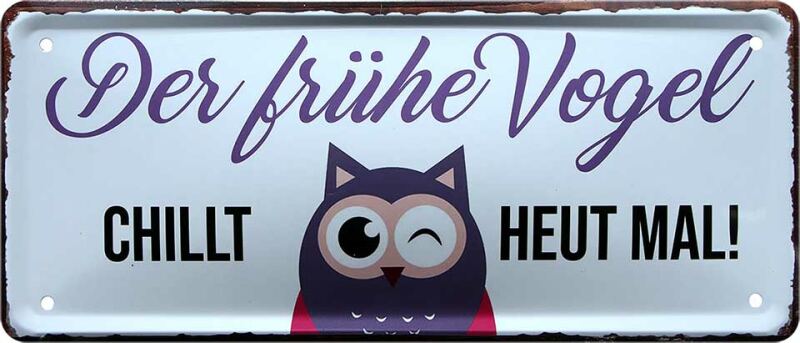 Blechschild *Der frühe Vogel chillt heut mal* 12x28 cm