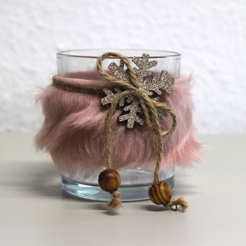 Windlicht Glas mit rosa Plüsch und Scheeflocke