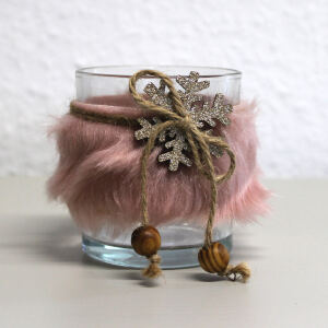 Windlicht Glas mit rosa Plüsch und Scheeflocke