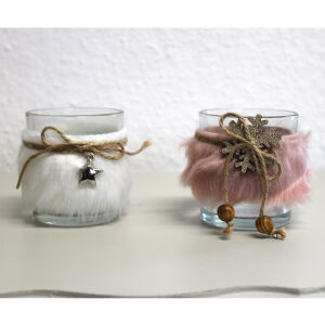 Windlicht Glas mit rosa Plüsch und Scheeflocke