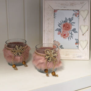 Windlicht Glas mit rosa Plüsch und Scheeflocke