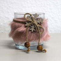 Windlicht Glas mit rosa Plüsch und Scheeflocke