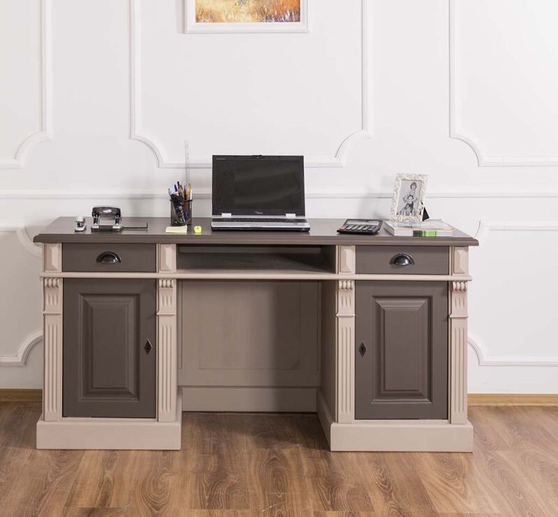 Landhaus Massivholz Schreibtisch graubeige-braun
