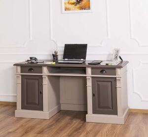 Landhaus Massivholz Schreibtisch graubeige-braun