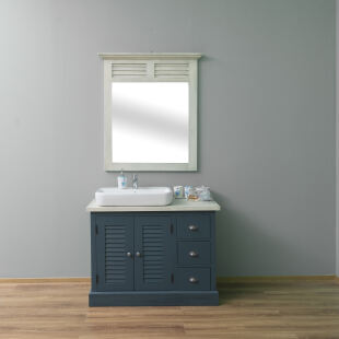 Blauer Waschtisch mit Lamellentüren, inkl. Aufsatzbecken und Spiegel