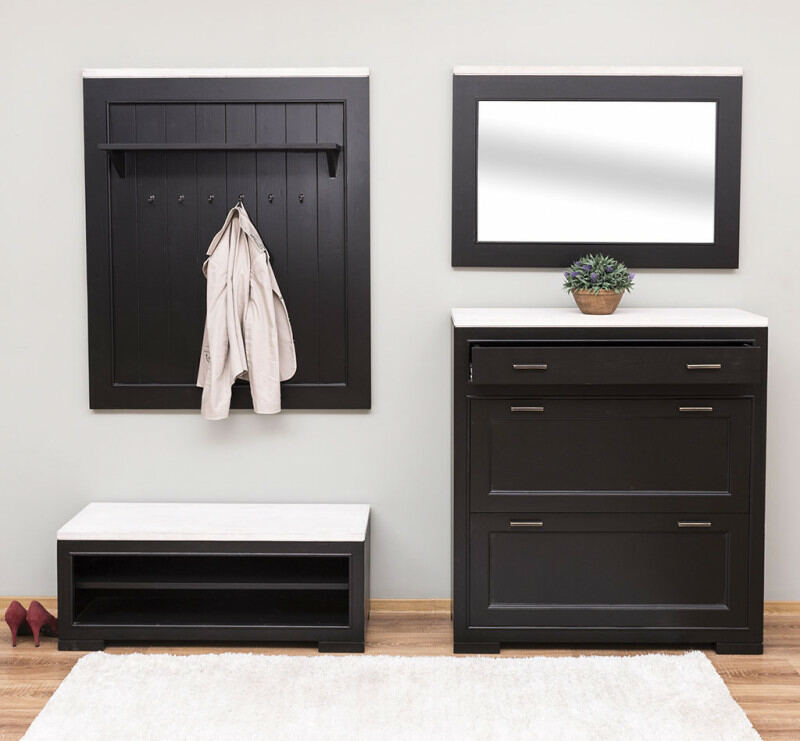 Massivholz Garderoben-Set (4-teilig), schwarz-weiß - Onlineshop für massive Landhausmöbel