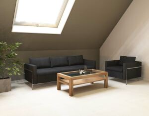 Großer Massivholz Couchtisch mit Glasplatte