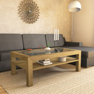 Großer Massivholz Couchtisch mit Glasplatte