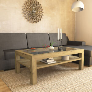 Großer Massivholz Couchtisch mit Glasplatte