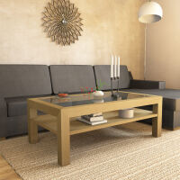 Großer Massivholz Couchtisch mit Glasplatte