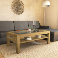 Großer Massivholz Couchtisch mit Glasplatte