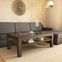 Großer Massivholz Couchtisch mit Glasplatte