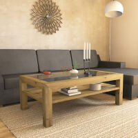 Großer Massivholz Couchtisch mit Glasplatte