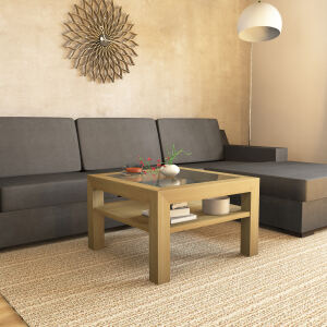 Quadratischer Massivholz Couchtisch mit Glasplatte - 70x70cm