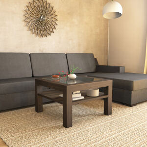 Quadratischer Massivholz Couchtisch mit Glasplatte - 70x70cm