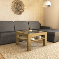 Quadratischer Massivholz Couchtisch mit Glasplatte - 70x70cm