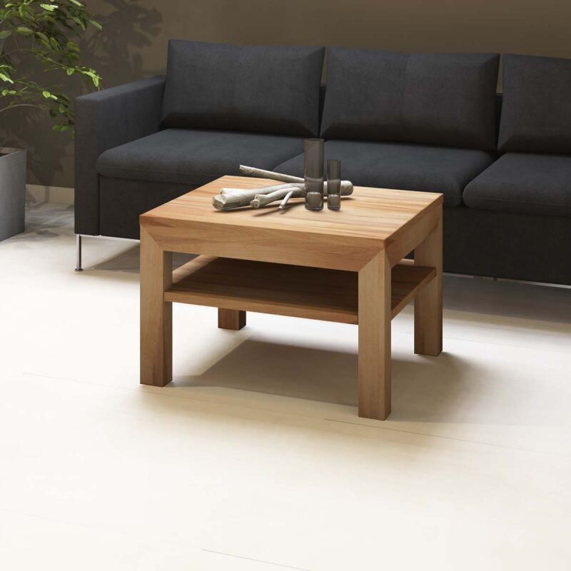 Quadratischer Massivholz Couchtisch mit Ablage - 70x70cm