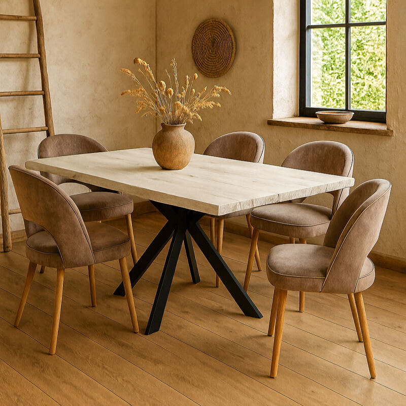 Baumkantetisch Wildeiche White Washed - Spider Gestell 180 x 90 cm