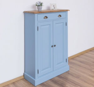 Blaue Kommode im Landhausstil mit Eichenplatte