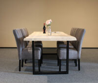 Baumkante Esstisch 240x100 White Wash mit 6 Stühlen