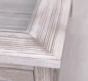 Landhaus Glas-Couchtisch mit Schaukasten, hellgrau