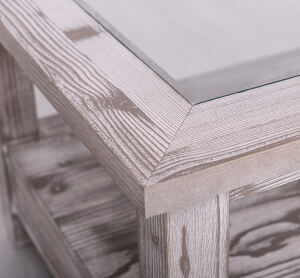 Landhaus Glas-Couchtisch mit Schubladen, hellgrau