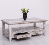 Landhaus Glas-Couchtisch mit Schubladen, hellgrau