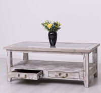 Landhaus Glas-Couchtisch mit Schubladen, hellgrau