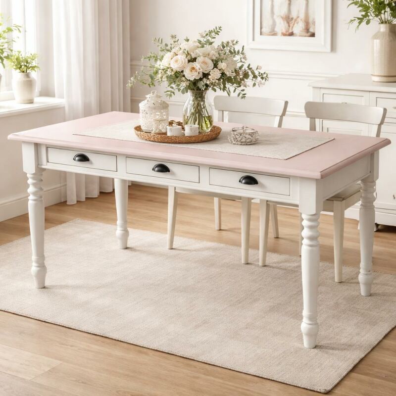Shabby Landhaustisch altweiß mit rosa Platte, 180 cm