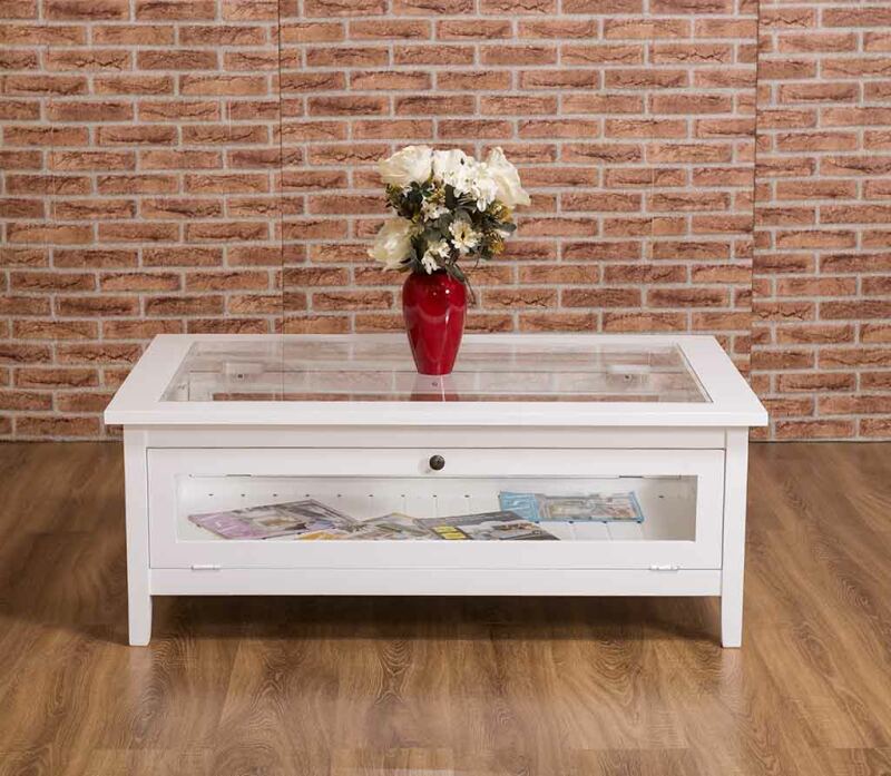 Weißer Couchtisch Fenstertüren und Glasplatte - Onlineshop für massive Landhausmöbel