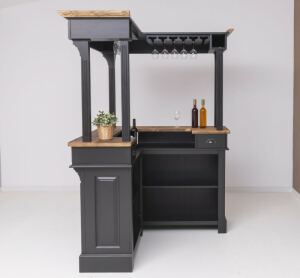 Rustikaler Eckbartresen mit Galerieaufsatz, schwarz-braun