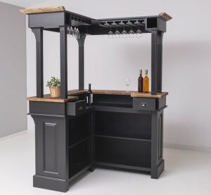 Rustikaler Eckbartresen mit Galerieaufsatz, schwarz-braun