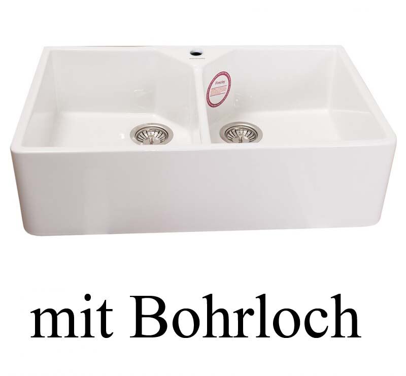 Spülstein Doppelbecken Keramik edelweiß - mit Bohrloch für Armatur