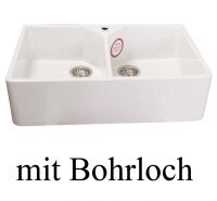 Spülstein Doppelbecken Keramik edelweiß - mit Bohrloch für Armatur