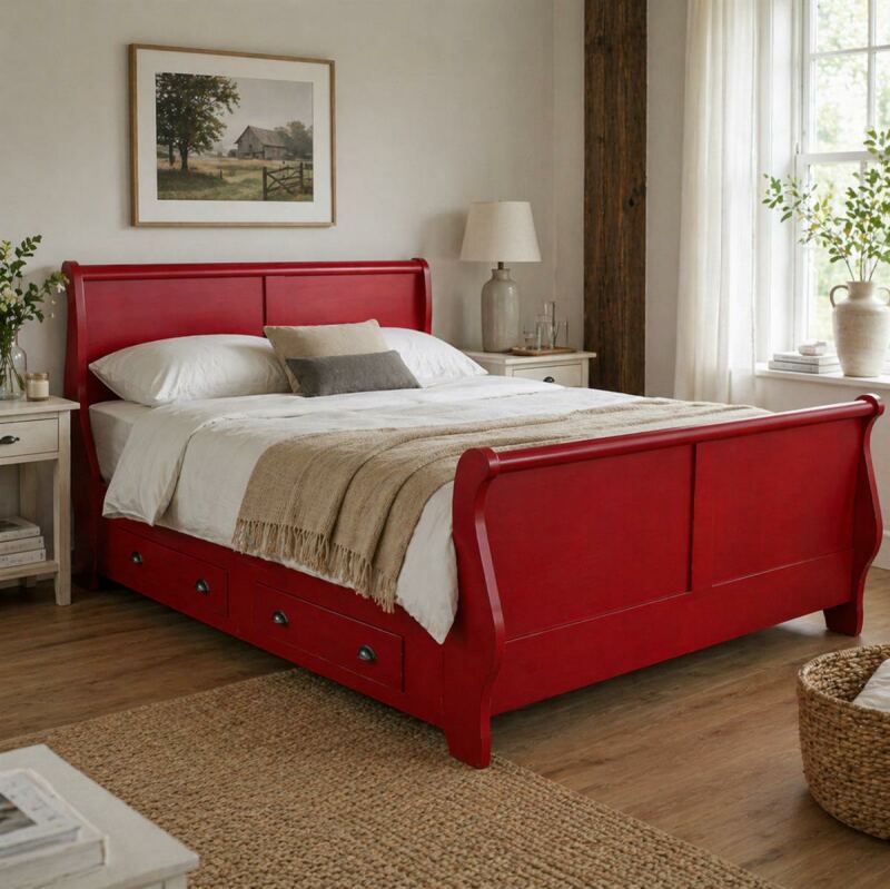Rotes Landhausbett (160x200cm) mit Schubkästen, Shabby Chic