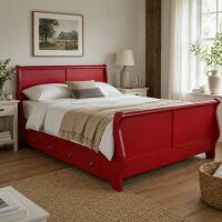 Rotes Landhausbett (160x200cm) mit Schubkästen, Shabby Chic