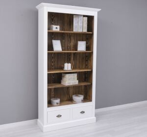 Weiß-braunes Bücherregal mit Schubladen