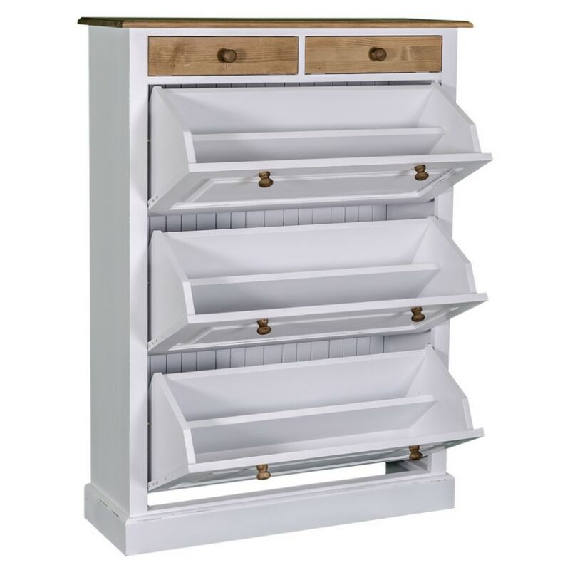 Weißer Landhausstil Schuhschrank mit Kippfächern, Eichenplatte
