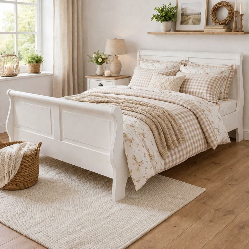 Weißes Landhausstil Bett Massivholz (140x200cm)