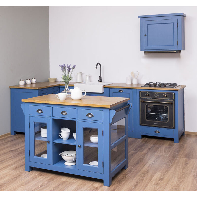 Blaue Landhausküche mit Kücheninsel L-Form