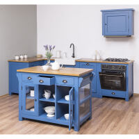 Blaue Landhausküche mit Kücheninsel L-Form